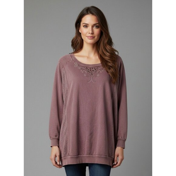 Vtg 90s B.L.E.U. Mauve Pink Lace & Studded Slouchy Sweatshirt | Y2K Grunge Boho - Picture 1 of 16